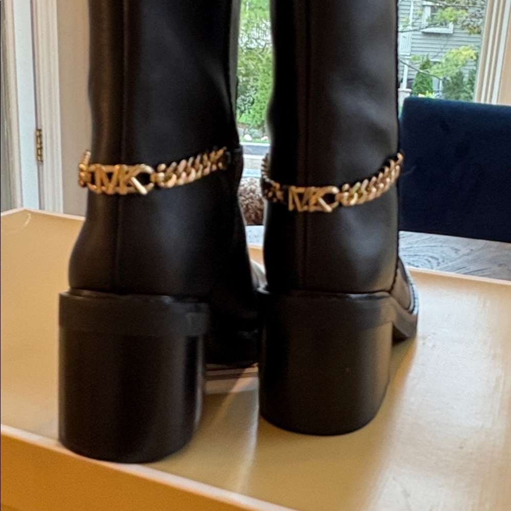 Michael Kors Black Heeled Boots with Gold Chain Detail - Picture 4 of 6